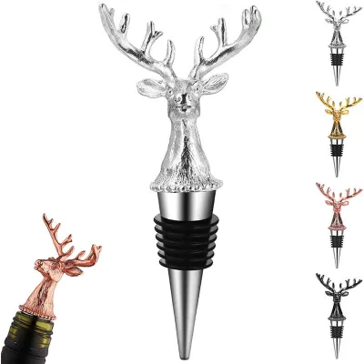 Custom Design Logo Colorful Rose Gold Metal Deer Head Reindeer Wine Champagne Bottle Stopper for Christmas Wedding Gifts