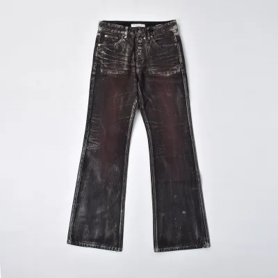 Custom Women's Dirty Vintage Washed Skinny Flare Denim Boot Cut Waxed Coat Denim Jeans with Lace up Pocket