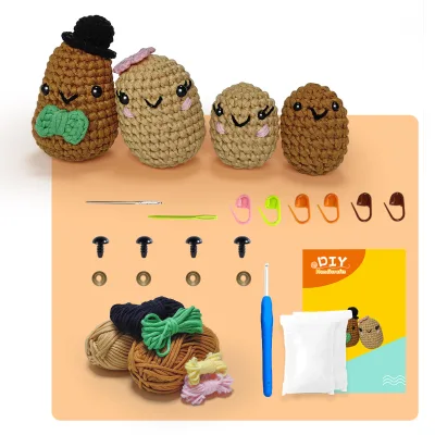 4 PCS Crochet Kit For Beginners Adorable Potato Family Amigurumi Set with Yarn Hooks Eyes Step by Step Video Tutorial