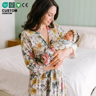 Luxury Organic Pima Cotton Maternity Nursing Robe Matching Baby Romper Set Antibacterial Eco-friendly Hospital Bag Must-have
