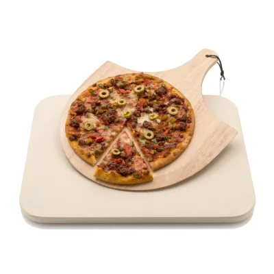 Ceramic Rectangular Pizza Stone for Oven Baking and BBQ Grilling Complete with Wooden Peel