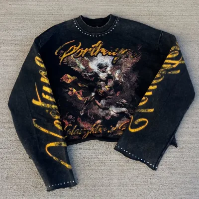 OEM Custom DTG Print Long Sleeve Shirt Heavyweight Boxy Fit Acid Wash Vintage Shirt Men Streetwear Plus Size Shirts