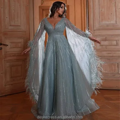 MC20033 Green V-Neck Beaded A-Line Arabic Long Evening Dress With Cape Sleeves Elegant Wedding Gown for Special Occasions Formal