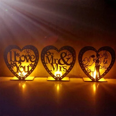 Wooden Mr & Mrs Heart Shape Romantic Pendant with LED Candle Light Wedding Decoration Wedding Love Shape Wood Crafts