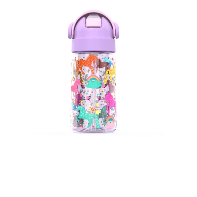 BPA-Free Eco-Friendly Plastic Water Bottle with Handle & Straw Cartoon Design Shock Resistant for Outdoor Use Multi-Color