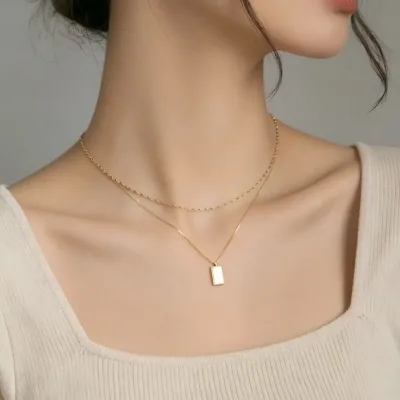 Stainless Steel Double Layer Necklace for Women shell Square Plate Pendant Layered Chain Hypoallergenic Jewelry Wholesale