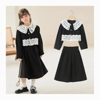 2025 Version Corduroy Youth Baby Girls Clothing Sets 3 to 10 Years Long-sleeve Lace Reverse Collar Top Trendy Baby Girl Clothes