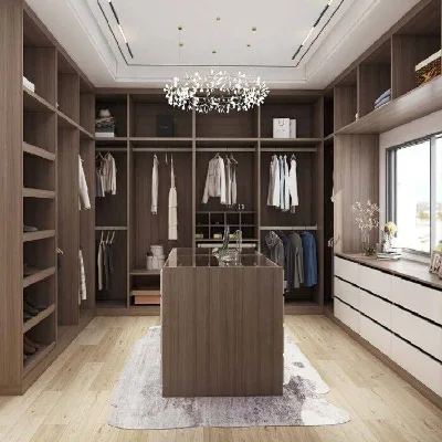 Customized Dark Walnut & Cream Flat Panel Walk in Closet with Bag Display, Hanging Rods & Multi-Drawer Island Open Closet System