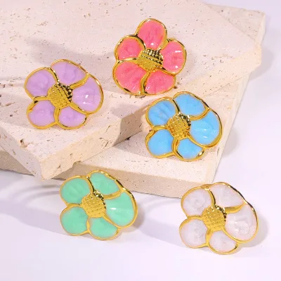 GOODLUCK Colorful Five Flower Lab Created Zircon Micro Insert Women's 18K Gold Plated Stainless Steel Vintage Fashion June Ring