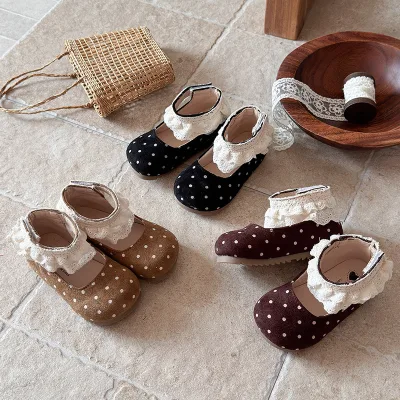 Chic Sweet Lace Korean Style Non-slip Mary Jane Shoes Girls Spring/autumn New Arrivalsoft-soled Velcro Straps Toddlers Little