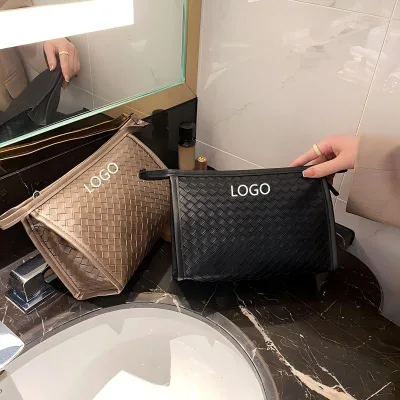 New PU Leather Women's Travel Clutch Bag Woven Makeup Bag Large Capacity Black Woven Toiletry Bag Korean Style Custom Makeup Bag