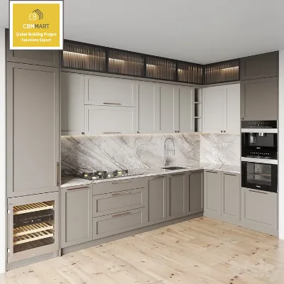 CBMMART Shaker Style Modern Modular Custom Cabinets with Artificial Quartz Countertop Solid Wood Door Faucet & Drawer Basket