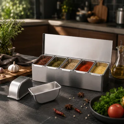 Custom 304 Stainless Steel Multi Compartment Condiment Box Pizza Topping Ingredient Container for Restaurant Kitchen