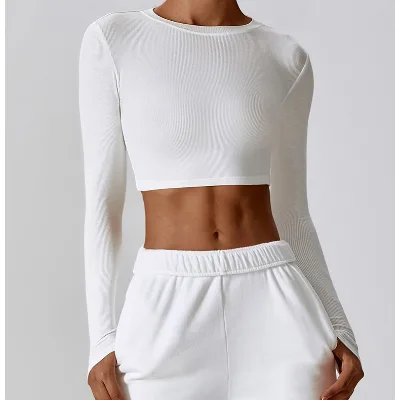 Women Solid Thread Short Yoga Wear Navel-Baring Slim Running Long Sleeve T-Shirt Pilates Quick Dry Breathable GYM Fitness Top