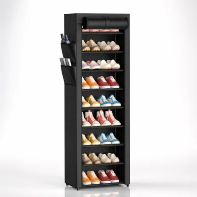 Black RustProof Metal 10Tier Large Capacity Dust Cover Side Pockets Closet Entrance LivingRoom Shoe Storage Shelf Organizer Rack