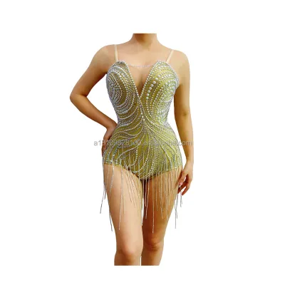 Manufacturers Wholesale Silver Rhinestone Jumpsuit Fringe Spandex Bodysuit Short Evening Dresses