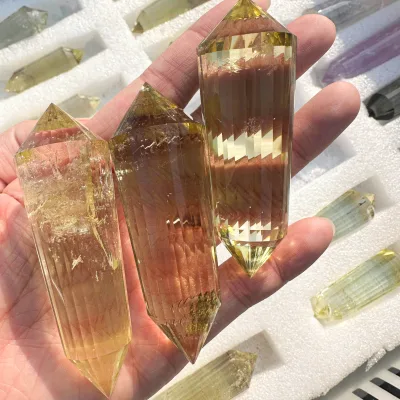 Hand Carved Natural Double Sided Crystals Tibetan Vogel Crystals Healing Citrine Double Terminated Quartz Wand