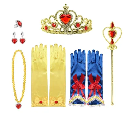 Princess Accessories Gifts for Girls Plastic Beaded Crown Scepter Wand Necklace with Gloves and Red Bow-Halloween Party Jewelry