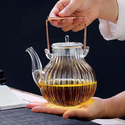 Portable 600ml Chrysanthemum Petals Shaped High Borosilicate Heat Resistant Glass Teapot Coffee Pot with Walnut Handle