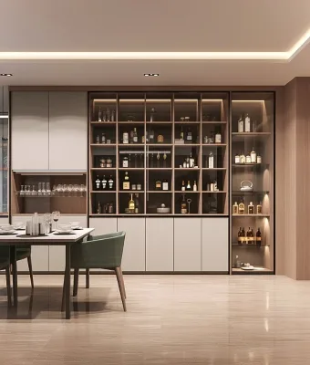 Custom Sideboard Cabinet Wood and Light Gray Matte Finish Glass Display With LED Light Open Wine Grid for Dining Room