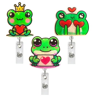 2025 Lovely Frog Acrylic Glitter Retractable Badge Reel Nurse ID Card & Accessory Holder Saint Valentine's Day Gifts