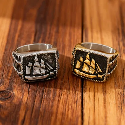Stainless Steel Sailboat Ring, Vintage Distressed Nautical Style, Trendy Men's Ring, Punk-inspired Niche Design.