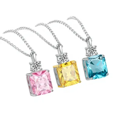 Classic Design S925 Sterling Silver Cushion Cut Pink Blue Yellow 5A Cubic Zirconia Diamond Fine Bijoux Necklace Jewelry