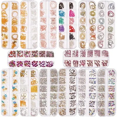 Hot Sell 12 Grid Nail Charms Metal Chains Manicure Jewelry Colorful 3D Metallic Chain Nail Art Accessories Customized LOGO