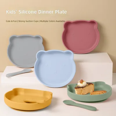 Food-grade Baby Dinner Plate Cartoon Suction-Style Weaning Fork Spoon Set Silica Gel Bear Divided Tray 3-Piece