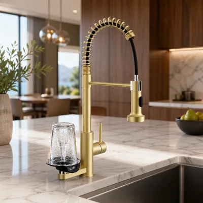 2026 Modern Pull-out Gold SS304 Kitchen Faucet with Hot/Cold Water Deck Mounted Cup Washer and Pull-out Spray for Restaurant