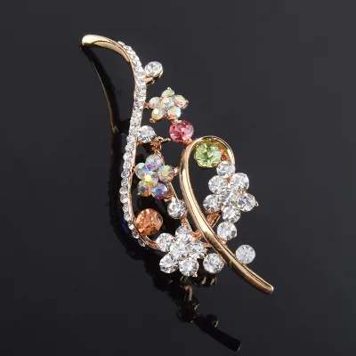 Luxury Multicolor Leaves Crystal Rhinestone Brooch for Women Big Leaf Brooches Scarf Clothes Hijab Pins