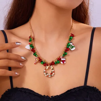 2025 New Christmas Jewelry Santa Claus Bell Wreath Zircon Inlay Pendant Necklace for Women
