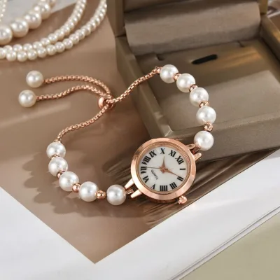 Women's Casual Roman Numeral Quartz Watch Elegant Simple Design Pearl Beaded Strap Fashion Business Bracelet Wristwatch Lady