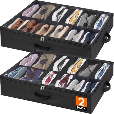 2Pack 12ShoeCells Foldable Clear Cover 2Handles Fits12To24Pairs Fabric UnderBed Shoe Storage Container Bag Box Organizer