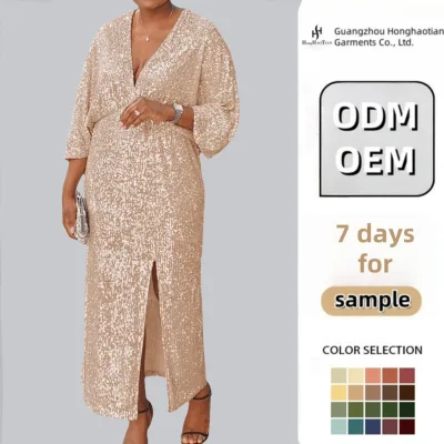 Custom Trendy Elegant Evening Dress V-neck Slit Long Sleeve Long Sequin Dresses Party Women African Church Dresses for Women