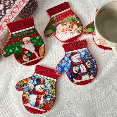 New Christmas coaster Glove Shape Cute coaster Embossed Craft Pendant Ceramic Cork Decorative Coasters
