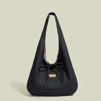 Japanese-Style Rainbow Plaid Double-Sided Tote Bag for Women, Large Capacity Spliced Denim Under-arm Shoulder Bag for Commute