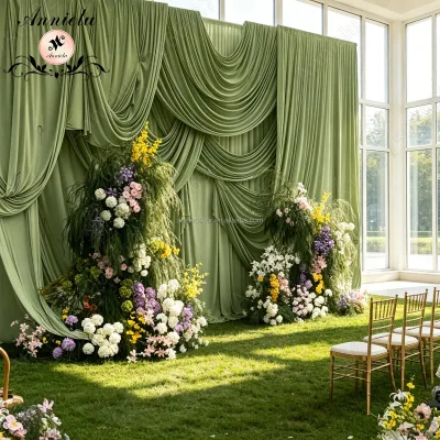 Modern Green Ivory 4 Way Spandex Fabric Drape Stretch Curtains Drapery with Pocket for Wedding Event Party Backdrop Decoration