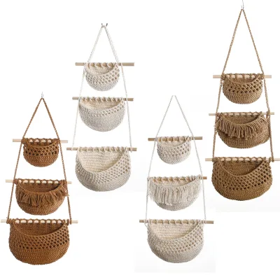 Wall-Mounted 3D Style Storage Rack with Cotton Rope 3-Layer Hanging Storage for Miscellaneous Items and Hanging Storage Bag