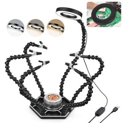 The Third Hand for Welding Equipped with 6 Flexible Arms with LED Magnifiers Is Used for Welding Assembly and Maintenance