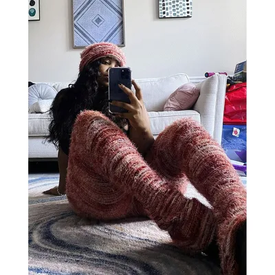 Stacked Furry Pants High Waist Fashion 2024 Women Winter Trouser Skinny Casual Sexy Club Trouser