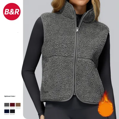 Stand up Collar and Velvet Sports Vest with Sleeveless Zipper, Outdoor Running and Fitness Top, 9500