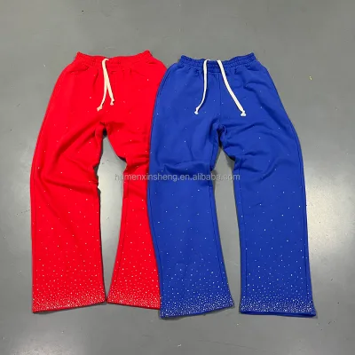 Street Wear Custom Men's Oversized French Terry Sweat Pants Wide Lge Rhinestone Sweatpants Man