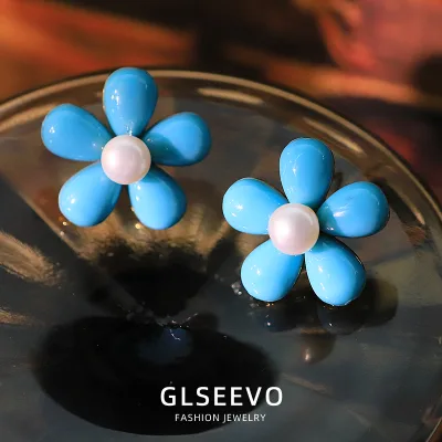 Natural Freshwater Pearl Earrings Blue Turquoise Flower-Shaped Earrings Beach Holiday Birthday Gift for Women Jewellery GE1749