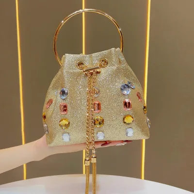New Tassel Women's Shoulder Bags Metal Ring Diamond Bucket Bag Shiny Sequined Drawstring Handbag Gemstone Studded Evening Clutch