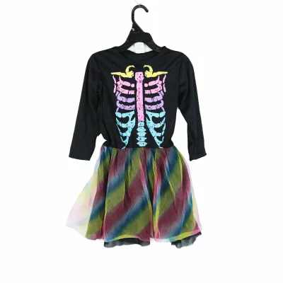Girls Vampire Skeleton Print Halloween & Easter Tutu Dress Black Top with Rainbow Tulle Skirt Eco-Friendly for Kids