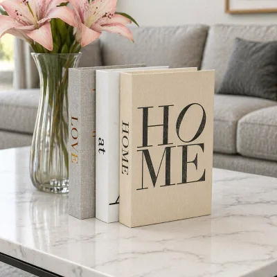3PCS HOME at LOVE Linen Fake Book Storage Boxes Gold Foil & Letter Print Hollow Decorative Book Set
