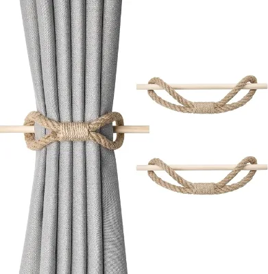 Farmhouse Curtain Tiebacks Curtain, Natural Jute Rope Curtain Tiebacks with Wood Club