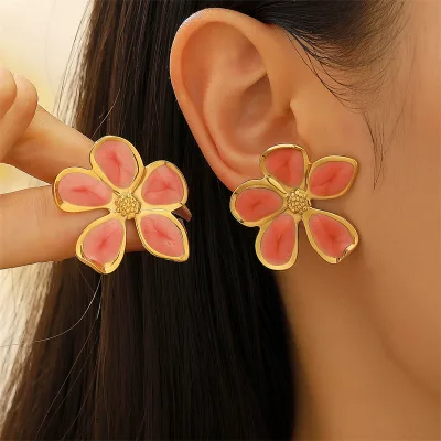 Brand New Enamel Flower Shaped Fine Jewelry Simple Stainless Steel Women Stud Earring for 18k Gold Plated Waterproof Accessory