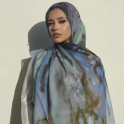 Malaysian Printed Modal Hijab Blue Sediment Ink Wash Breathable Sun‑Proof Long Silk Shawl New Design 2026 Model Printed Hijab